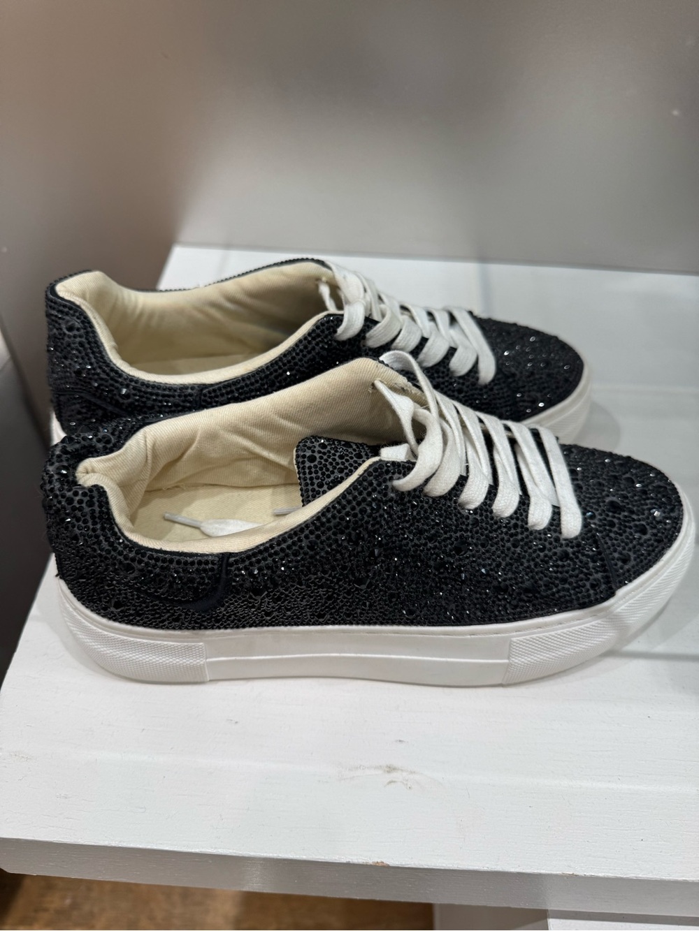 Betsey Johnson Black Crystal Embellished Lace-Up Sneakers